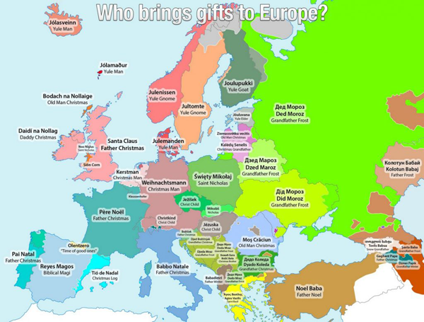 Кто приносит подарки детям в разных странах Европы (карта).